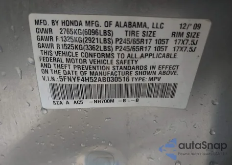 2010 Honda Pilot Ex-L z USA, uszkodzony, nr VIN 5FNYF4H52AB030516